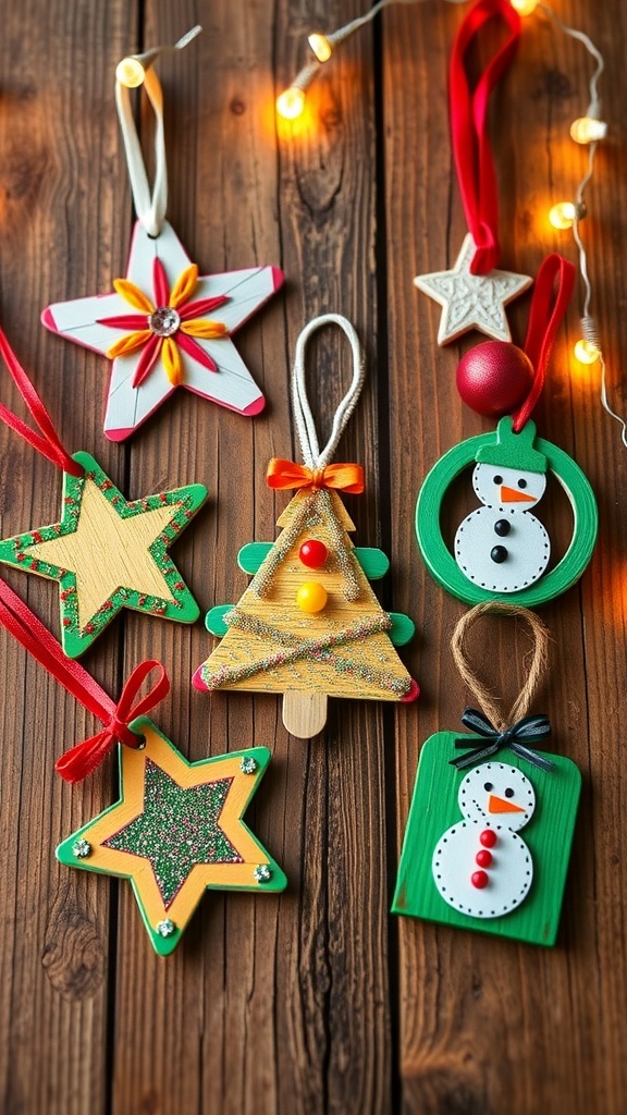 Colorful DIY Christmas ornaments made from popsicle sticks in various shapes, decorated with paint and glitter.